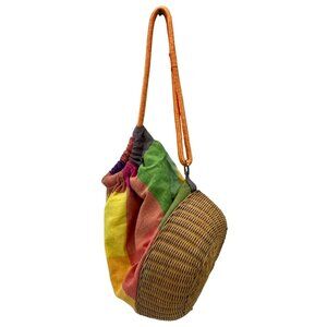 Liz Claiborne Colorful Plaid Drawstring Bag With Wicker Base & Orange Rope Strap